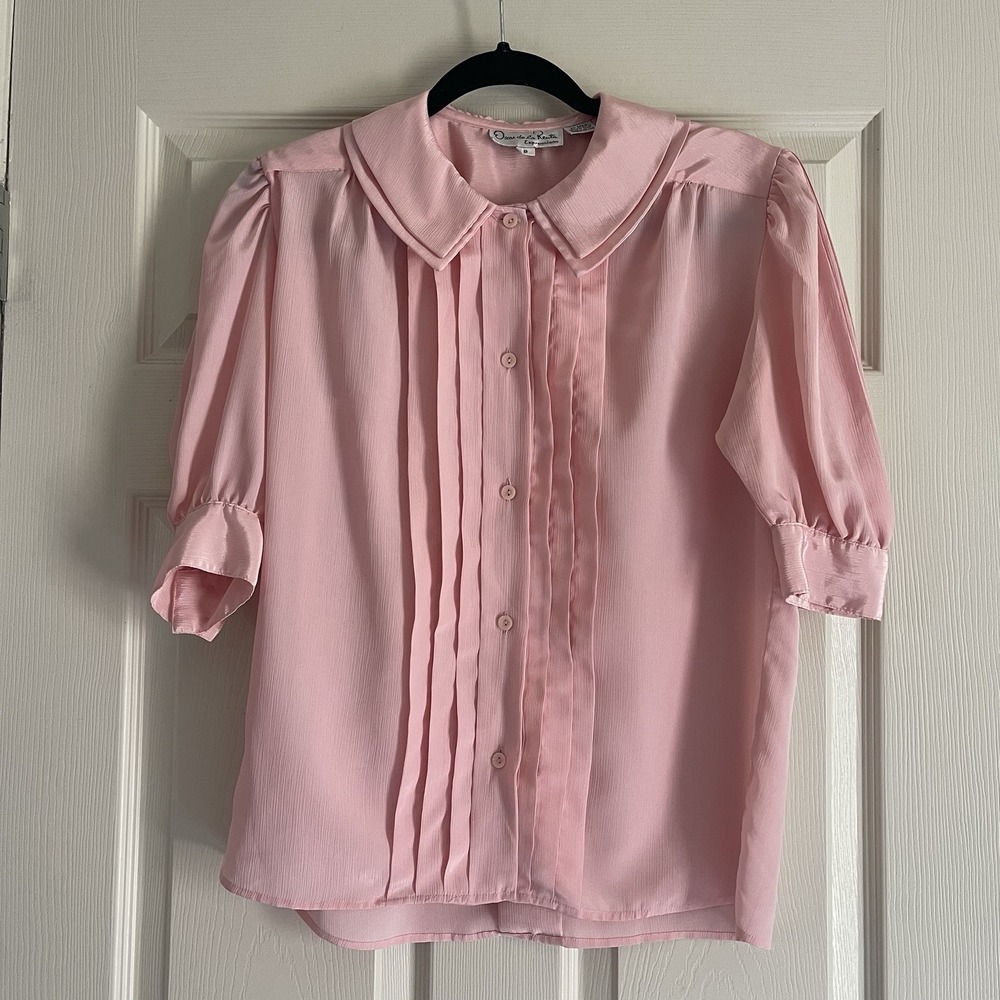 Vintage Oscar De La Renta Blouse Sz 8 Pink Pleated Puff Sleeve Peter Pan Collar